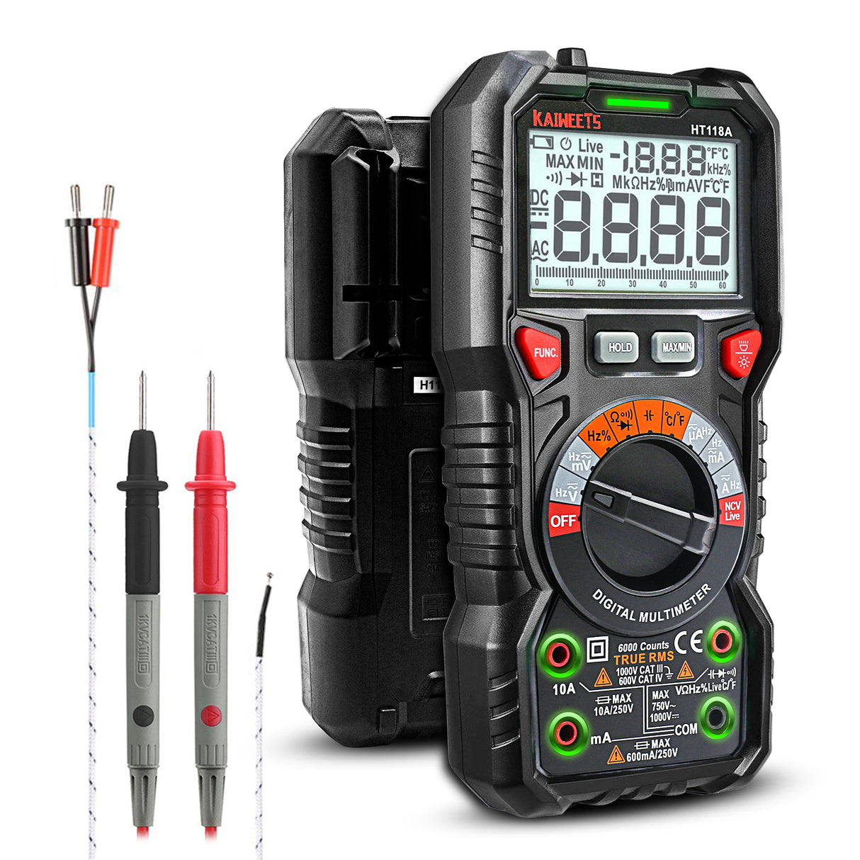 KAIWEETS HT118A 6000 Counts TRMS Digital Multimeter with Auto-Ranging for Accurate Voltage, Current, Resistance, and Temperature Measurements