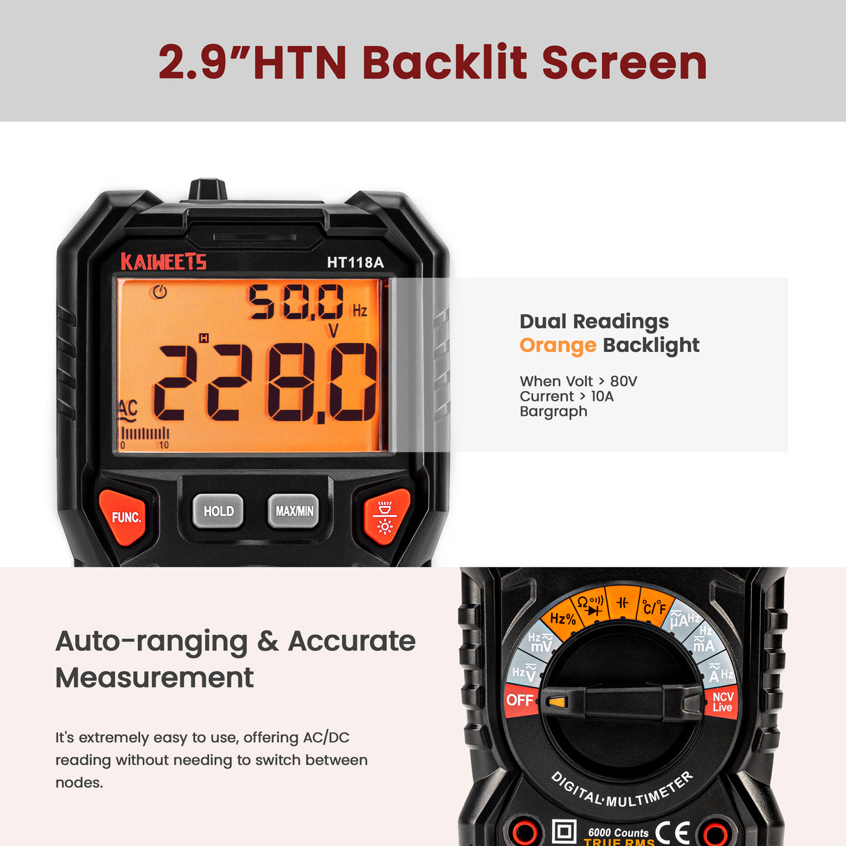 KAIWEETS HT118A 6000 Counts TRMS Digital Multimeter with Auto-Ranging for Accurate Voltage, Current, Resistance, and Temperature Measurements