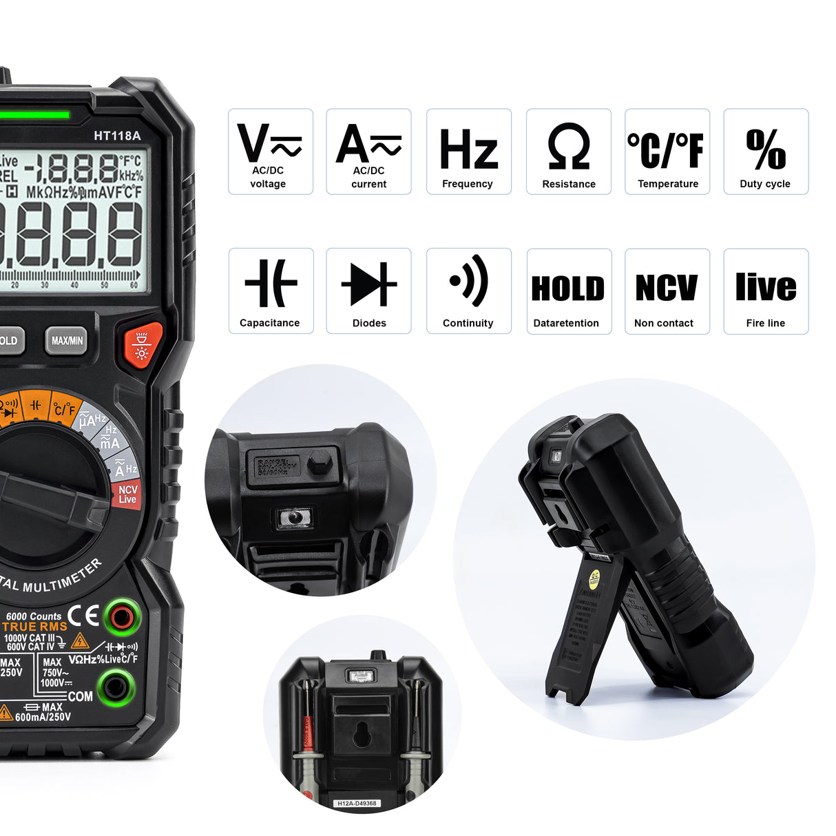 KAIWEETS HT118A 6000 Counts TRMS Digital Multimeter with Auto-Ranging for Accurate Voltage, Current, Resistance, and Temperature Measurements