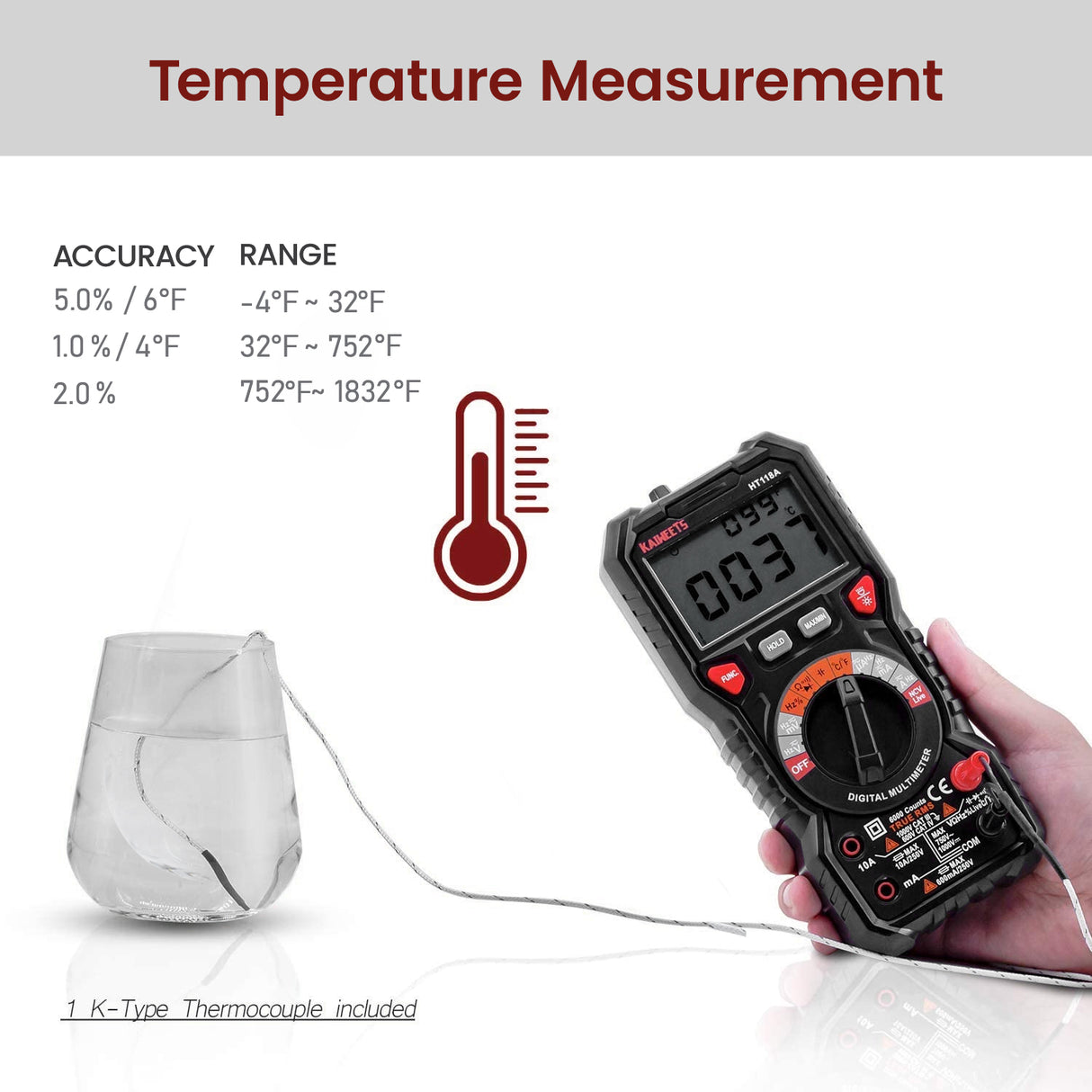KAIWEETS HT118A 6000 Counts TRMS Digital Multimeter with Auto-Ranging for Accurate Voltage, Current, Resistance, and Temperature Measurements