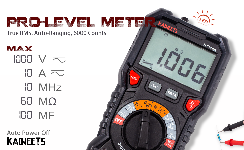 KAIWEETS HT118A 6000 Counts TRMS Digital Multimeter with Auto-Ranging for Accurate Voltage, Current, Resistance, and Temperature Measurements