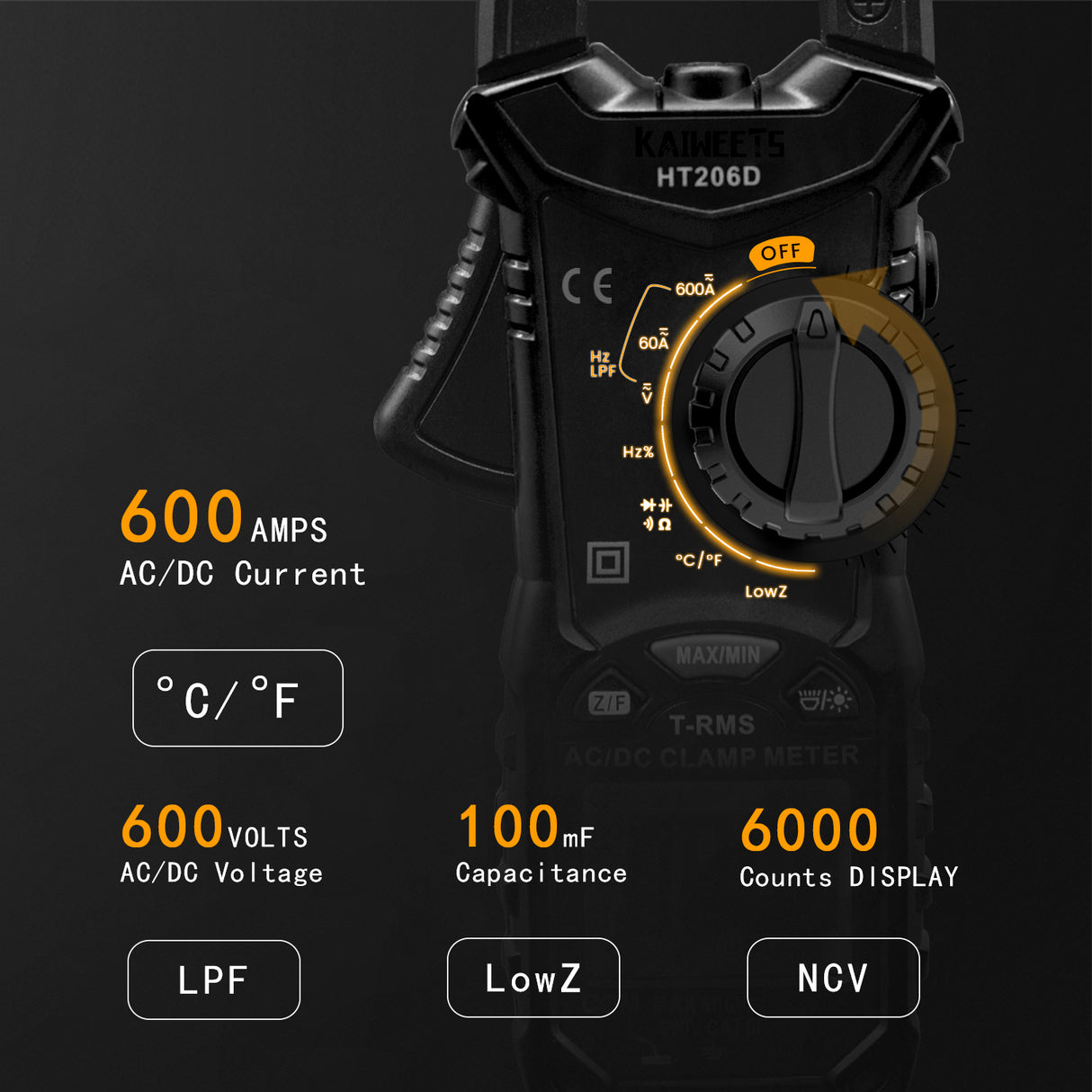 KAIWEETS HT206D True RMS Digital Clamp Meter with 6000 Counts, Auto-ranging Multimeter for Current, Voltage, Temperature, Capacitance, Resistance, and More