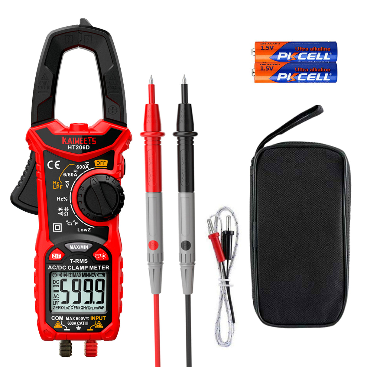 KAIWEETS HT206D True RMS Digital Clamp Meter with 6000 Counts, Auto-ranging Multimeter for Current, Voltage, Temperature, Capacitance, Resistance, and More