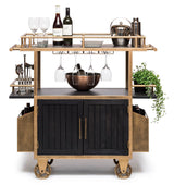 French Brass and Black Drinks Trolley Bar Cart with Bottle Rack Storage - Front View