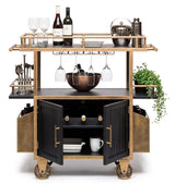French Brass and Black Drinks Trolley Bar Cart with Bottle Rack Storage - Side View