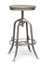 Industrial Height Adjustable Swivel Bar Stool with Oak Wood Top - Grey Finish - Front View