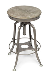 Industrial Height Adjustable Swivel Bar Stool with Oak Wood Top - Grey Finish - Side View