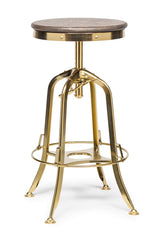 Industrial Height Adjustable Swivel Bar Stool with Oak Wood Top - Gold Finish - Front View
