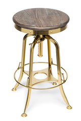 Industrial Height Adjustable Swivel Bar Stool with Oak Wood Top - Gold Finish - Side View