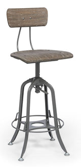 Industrial Swivel Height Adjustable Grey Oak Wood Bar Stool Chair with Back - Front View