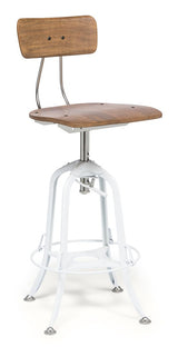 Hamptons Style White Bar Stool Chair Height Adjustable and Swivel with Natural Wood Top - Front View