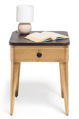 Modern Bedside Table in Brass Finish with Storage Drawer and Wood Top - Front View