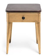 Modern Bedside Table in Brass Finish with Storage Drawer and Wood Top - Side View