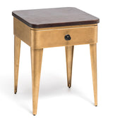Modern Bedside Table in Brass Finish with Storage Drawer and Wood Top - Top-Down View