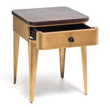 Modern Bedside Table in Brass Finish with Storage Drawer and Wood Top - 45-Degree Angle