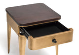 Modern Bedside Table in Brass Finish with Storage Drawer and Wood Top - Rear View