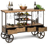 Industrial Style Wooden Bar Cart Drinks Trolley Station with Wine Bottle Rack - Side View