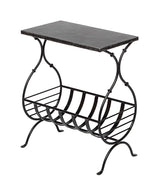 Black Iron Side Table with Magazine Storage and Silver Finish Top - Side View