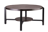 Black Round Coffee Table with Storage Shelf in Copper Finish Top - Front View