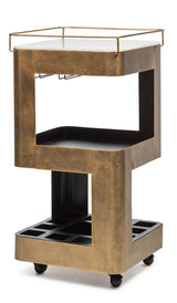 Contemporary French Brass Drinks Trolley Bar Cart with White Marble Top - Side View