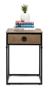 Black Bedside Table with Storage Drawer and Gold Finished Textured Top - Front View