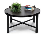 Modern Black Round Coffee Table with Copper Finish Engraved Top - Front View