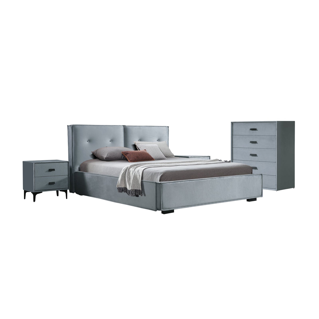 Estella Queen Fabric 4pc Bedroom Suite With Linear Division & Button Studding Headboard