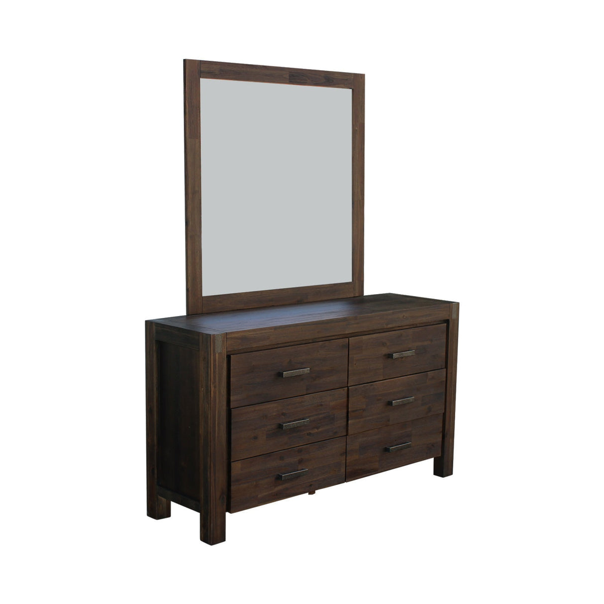 5 Pieces Bedroom Suite in Solid Wood Veneered Acacia Construction Timber Slat Queen Size Chocolate Colour Bed, Bedside Table , Tallboy & Dresser