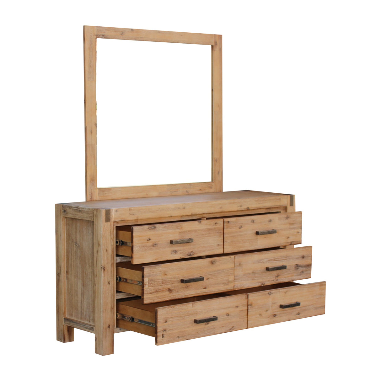 5 Pieces Bedroom Suite in Solid Wood Veneered Acacia Construction Timber Slat Single Size Oak Colour Bed, Bedside Table , Tallboy & Dresser