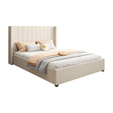 Alexa Queen Size High Rise Headboard Linen Beige Fabric Four MDF Drawers with Wheels Bed Frame - Front View
