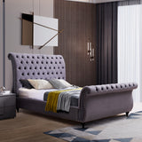 Queen Size Sleigh Bedframe Velvet Upholstery Grey Colour Tufted Headboard And Footboard Deep Quilting - Front View