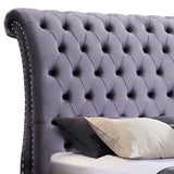 Queen Size Sleigh Bedframe Velvet Upholstery Grey Colour Tufted Headboard And Footboard Deep Quilting - Side View