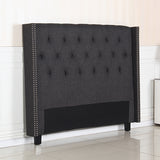 Bed Head Queen Charcoal Headboard Upholstery Fabric Studded Buttons - Top-Down View