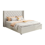 Veronica Bed Frame Double Size Winged Grey Linen Fabric Seam Grid Pattern with gas lift plywood metal structure - Front View