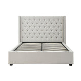 Veronica Bed Frame Double Size Winged Grey Linen Fabric Seam Grid Pattern with gas lift plywood metal structure - Side View