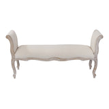 Oak Wood Linen Fabric Beige White Washed Finish Bench Chair - Front View