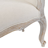 Oak Wood Linen Fabric Beige White Washed Finish Bench Chair - Close-Up Angle