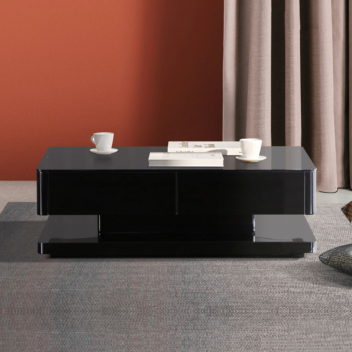 Stylish Coffee Table High Gloss Finish in Shiny Black Colour with 4 Drawers Storage
