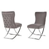 2x Dining Chairs Grey Fabric Upholstery Quilting Silver Color Legs - Front View