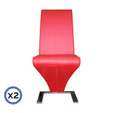 2x Z Shape Red Leatherette Dining Chairs with Stainless Base - Side View