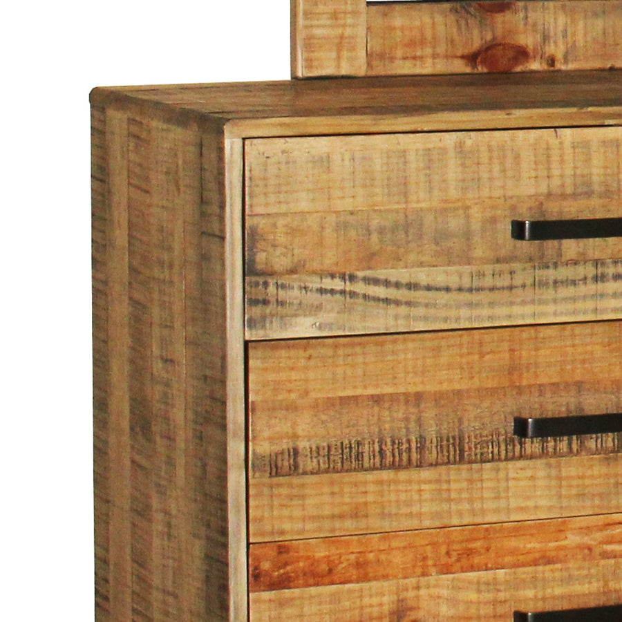 Dresser with 6 Storage Drawers in Solid Acacia With Mirror in Vintage Light Brown Colour, Storage