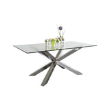 Dining Table in Crisscross Shaped High Glossy Stainless Steel Base with 12mm Tempered Glass Top - 45-Degree Angle
