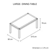 Dining Table 210cm Large Size with Solid Acacia Wooden Base in Chocolate Colour - Low Angle