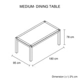 Dining Table 180cm Medium Size with Solid Acacia Wooden Base in Chocolate Colour - Low Angle