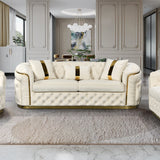 3-1-1 Seater Sofa Set Beige Velvet Fabric Solid Wood construction Gold Stainless Steel Trim - Low Angle