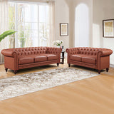 2 Seater 3 Seater Brown Sofa Lounge Set Button Tufted in Faux Leather - Close-Up Angle