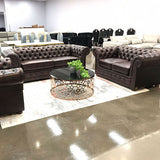 3+2+1 Seater Genuine Leather Upholstery Deep Quilting Pocket Spring Button Studding Sofa Lounge Set for Living Room Couch In Brown Colour - Front View