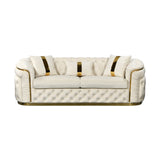 3 Seater Sofa Beige Velvet Fabric Solid Wood construction Gold Stainless Steel Trim - Front View