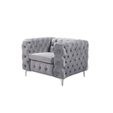 Single Seater Grey Sofa Classic Armchair Button Tufted in Velvet Fabric with Metal Legs - Front View