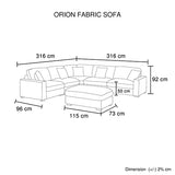 Orion Corner Sofa Premium Fabric Upholstery Padded Seat Wooden Frame Rubber Wooden Legs with Ottoman - Low Angle